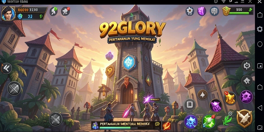 Screenshot gameplay 92GLORY menampilkan menara megah dan strategi bertahan.