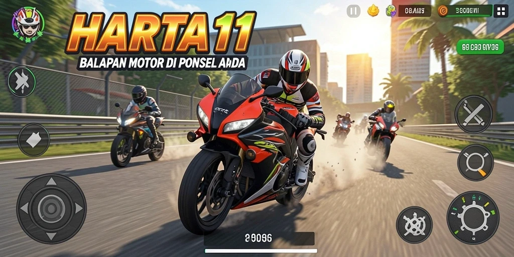 Screenshot menunjukkan aksi balapan motor yang mendebarkan di HARTA11.