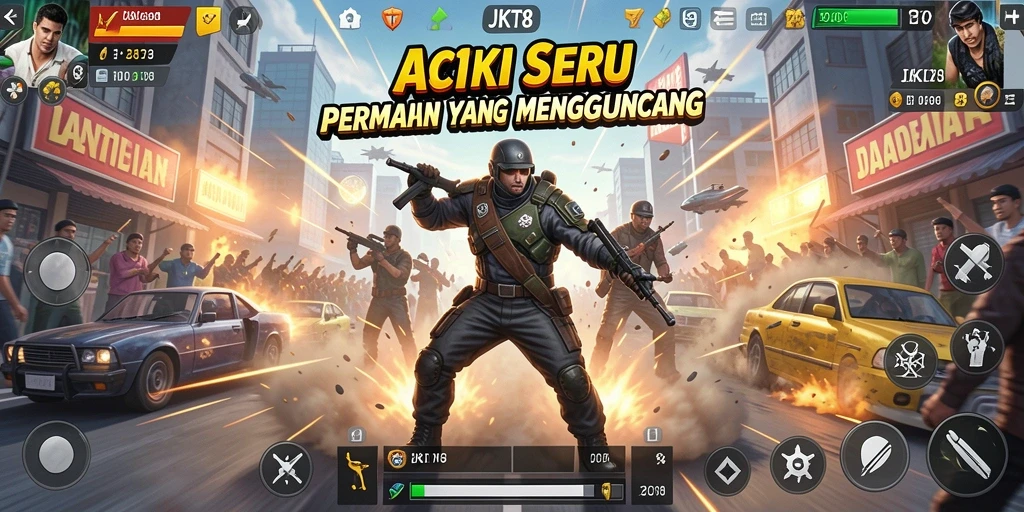 Screenshot utama JKT8 menampilkan aksi intens dalam gameplay game Action.