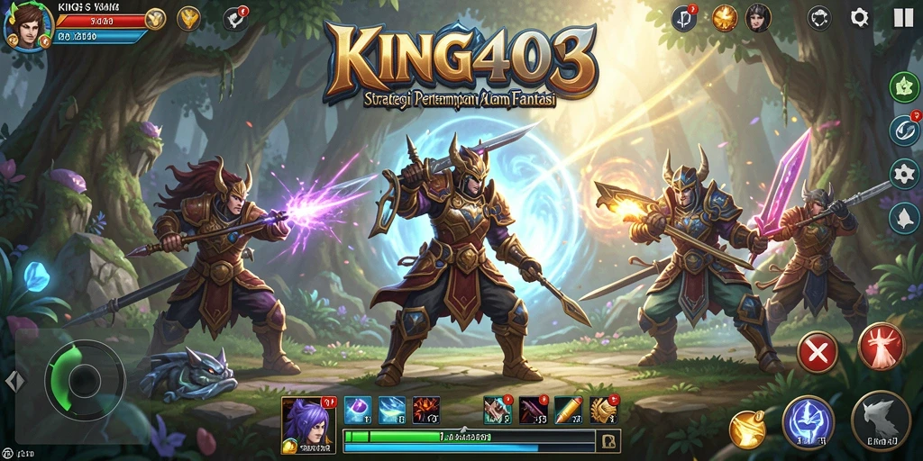 Screenshot utama gameplay KING403 dengan pertarungan epik dan pembangunan kerajaan.