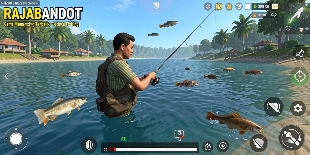 Tampilan gameplay menarik di RAJABANDOT saat menangkap ikan.