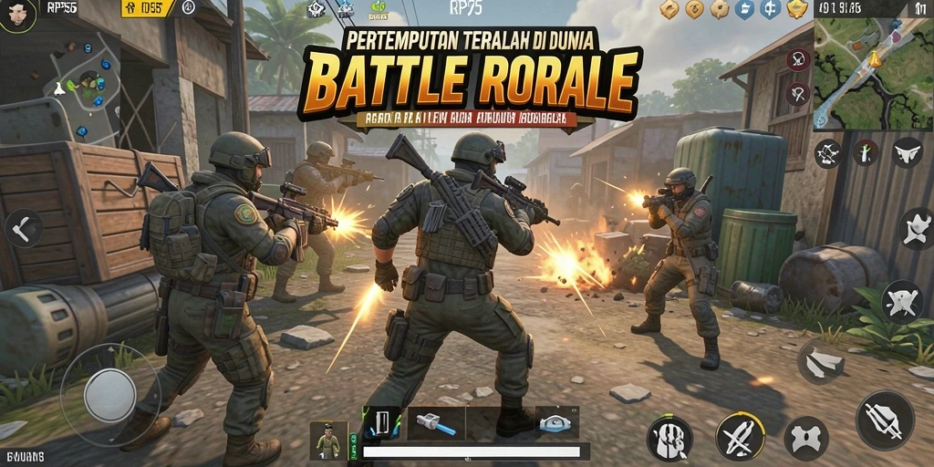 Screenshot gameplay RP55 menampilkan pertempuran intens dalam dunia Battle Royale.